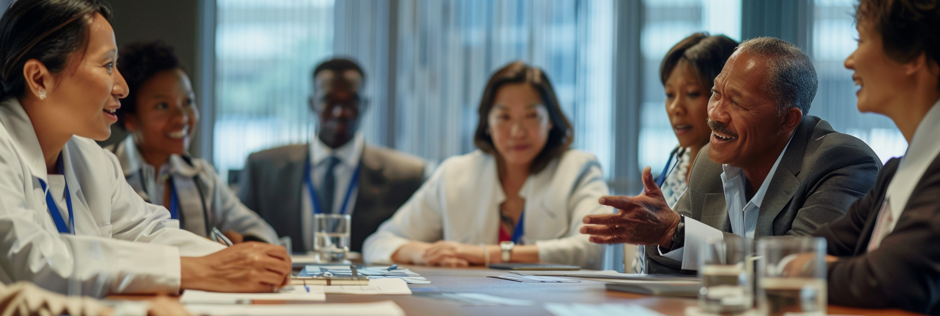 Diverse healthcare executives engaged in a collaborative discussion around a conference table in a corporate meeting room.