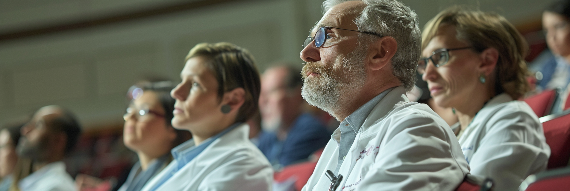 A group of medical professionals in lab coats attentively watching a presentation in a lecture hall.
