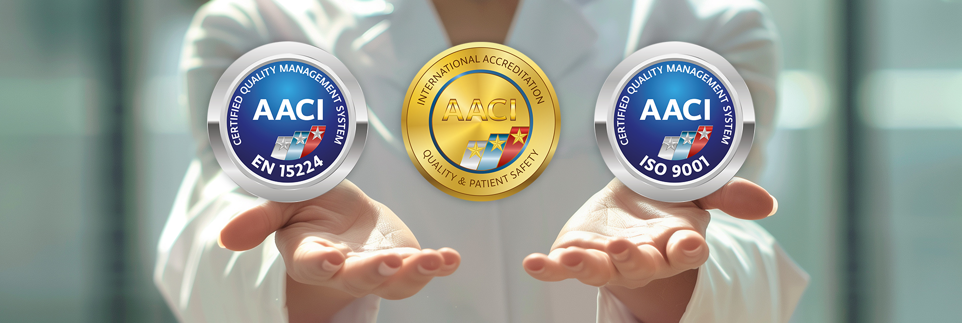 Open palms of a healthcare professional presenting three floating digital badges for AACI certified quality management systems and international accreditation for patient safety.