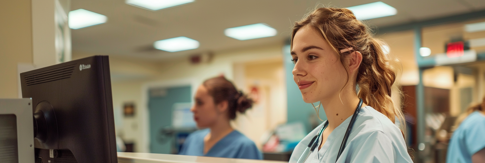 A nurse smiling at the camera while working at a computer station in a hospital, with another nurse in the background.